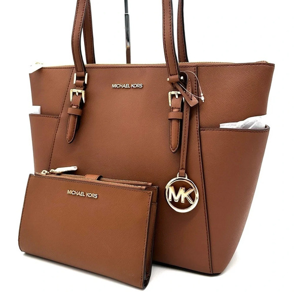 Michael Kors Large Charlotte Tote Bag & Large Double Zip Wallet Luggage Brown - Picture 1 of 14